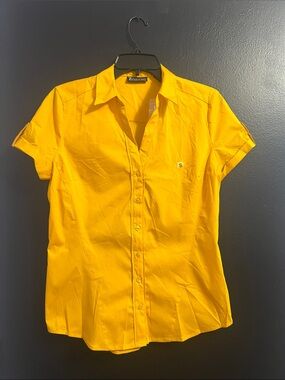 NY&Co Golden Yellow Short Sleeve Silver Button-Up Blouse
